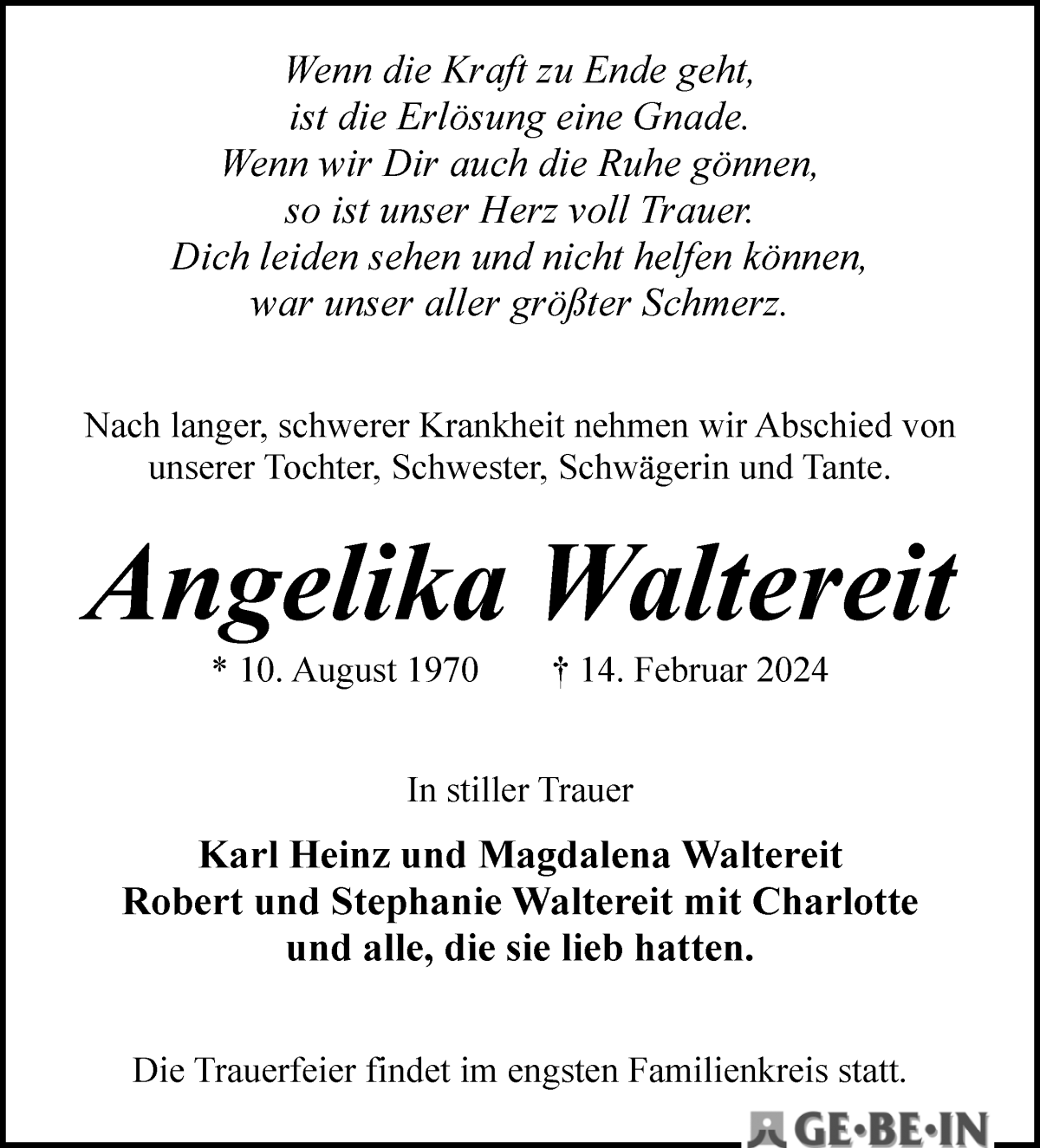 Traueranzeige von Angelika Waltereit von WESER-KURIER