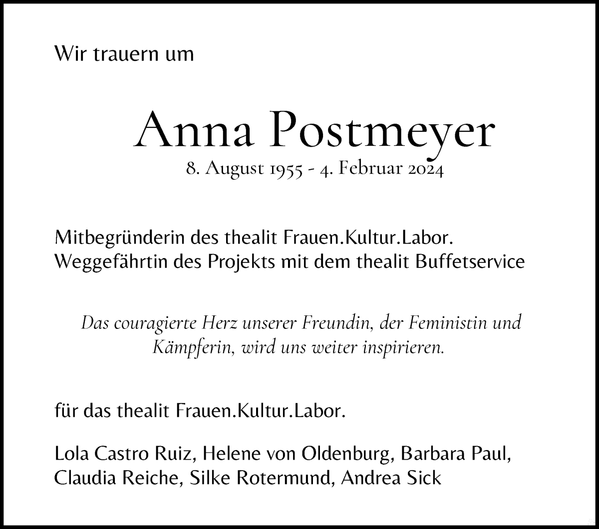  Traueranzeige für Anna Postmeyer vom 10.02.2024 aus WESER-KURIER