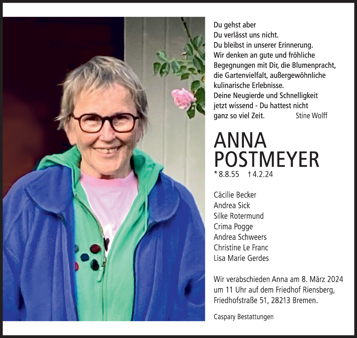  Traueranzeige für Anna Postmeyer vom 10.02.2024 aus WESER-KURIER