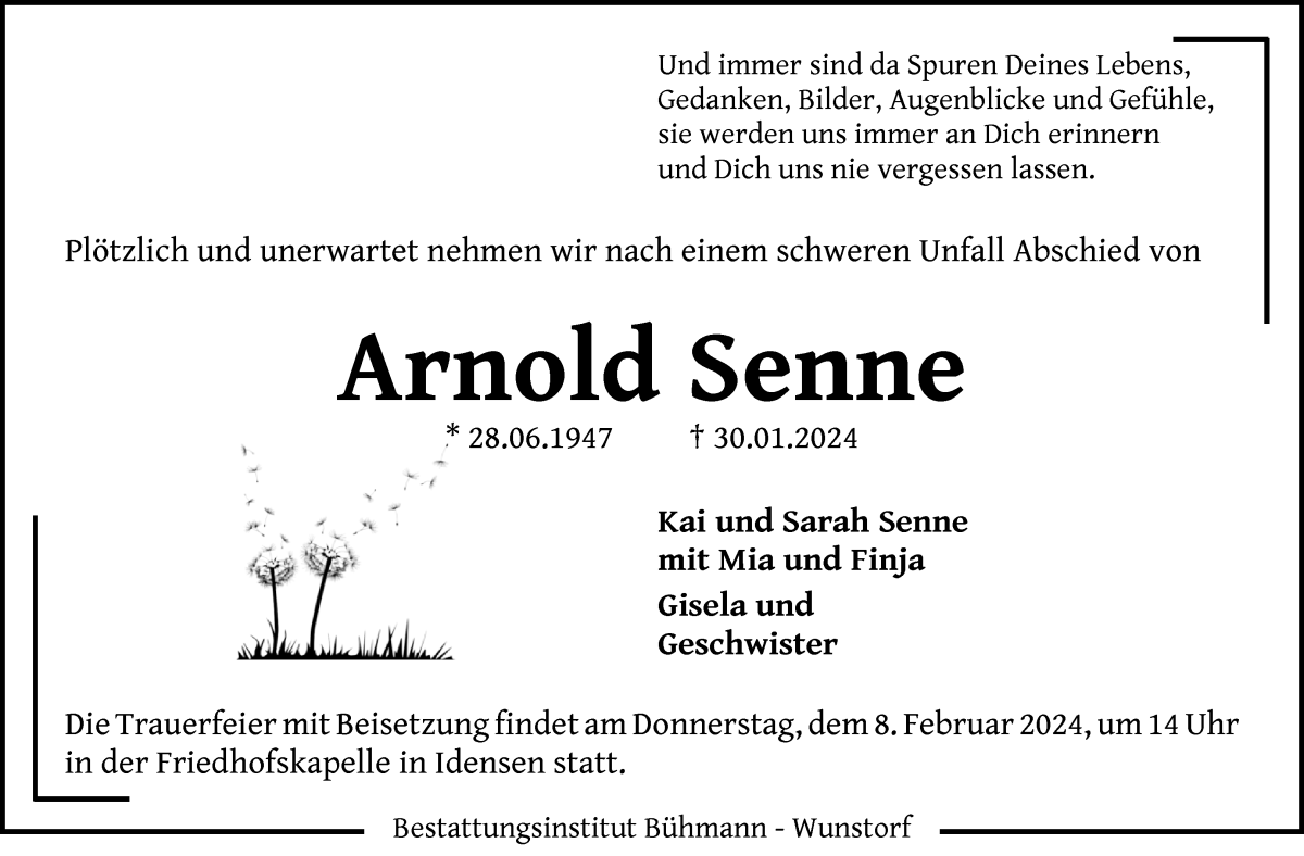  Traueranzeige für Arnold Senne vom 06.02.2024 aus Die Norddeutsche