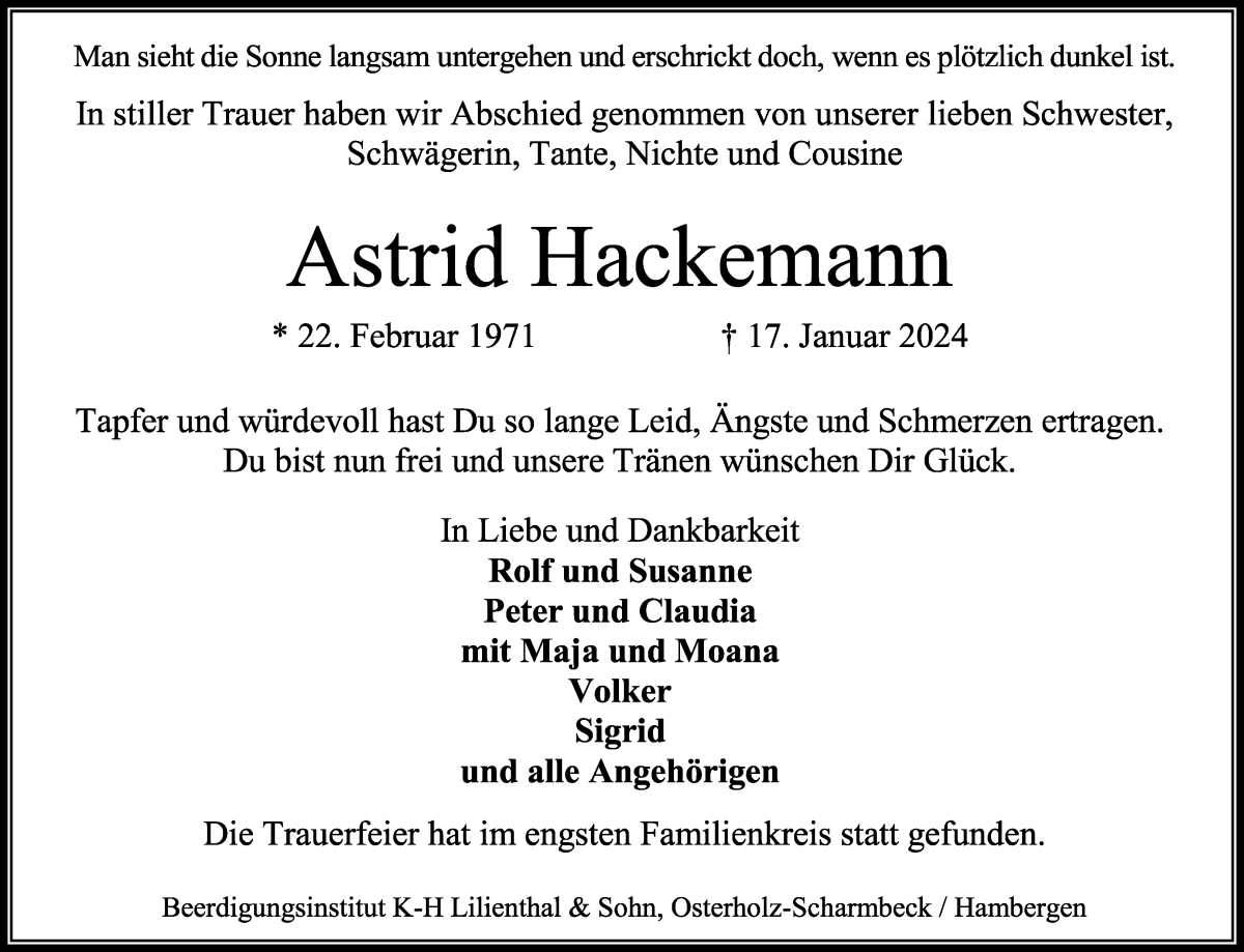  Traueranzeige für Astrid Hackemann vom 10.02.2024 aus Osterholzer Kreisblatt