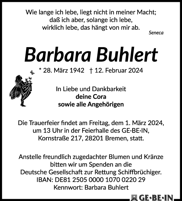 Traueranzeige von Barbara Buhlert von WESER-KURIER