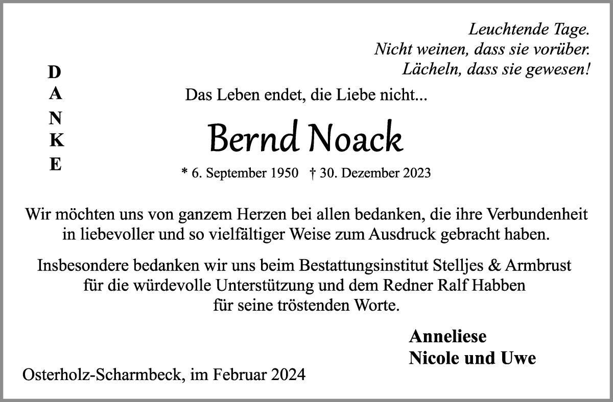 Traueranzeigen Von Bernd Noack | Trauer & Gedenken