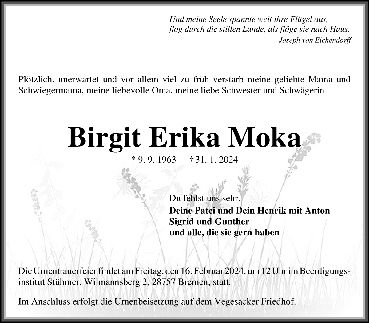 Traueranzeige von Birgit Erika Moka von Die Norddeutsche