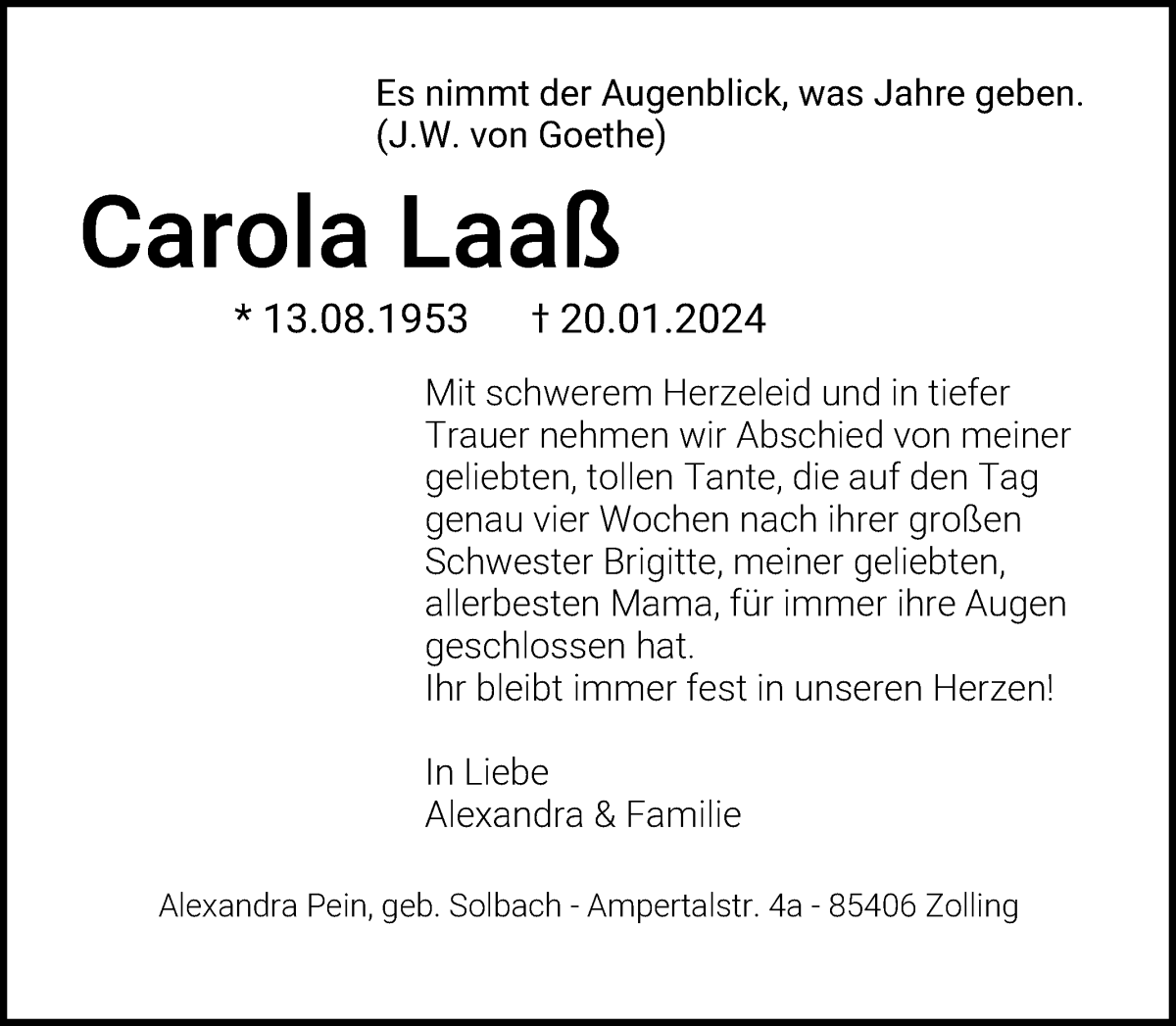 Traueranzeige von Carola Laaß von WESER-KURIER