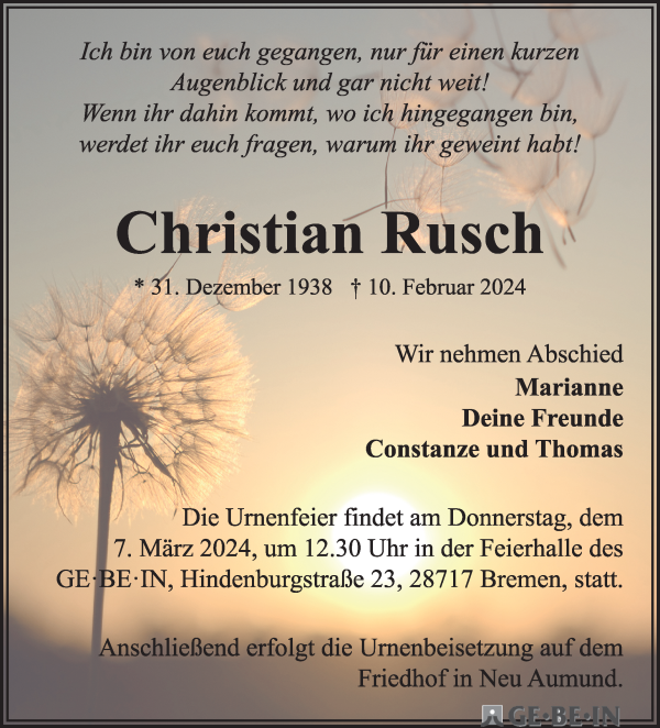 Traueranzeige von Christian Rusch von WESER-KURIER