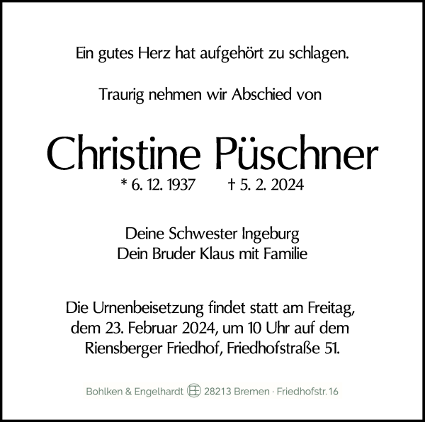 Traueranzeige von Christine Püschner von WESER-KURIER