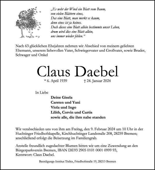 Traueranzeige von Claus Daebel von WESER-KURIER