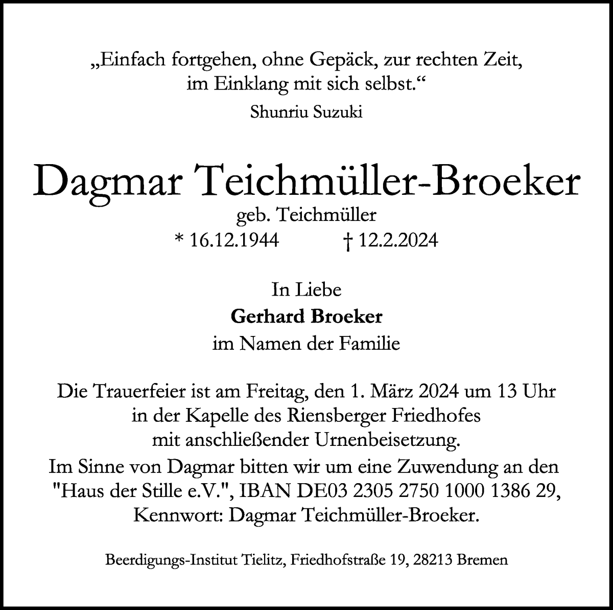 Traueranzeige von Dagmar Teichmüller-Broeker von WESER-KURIER