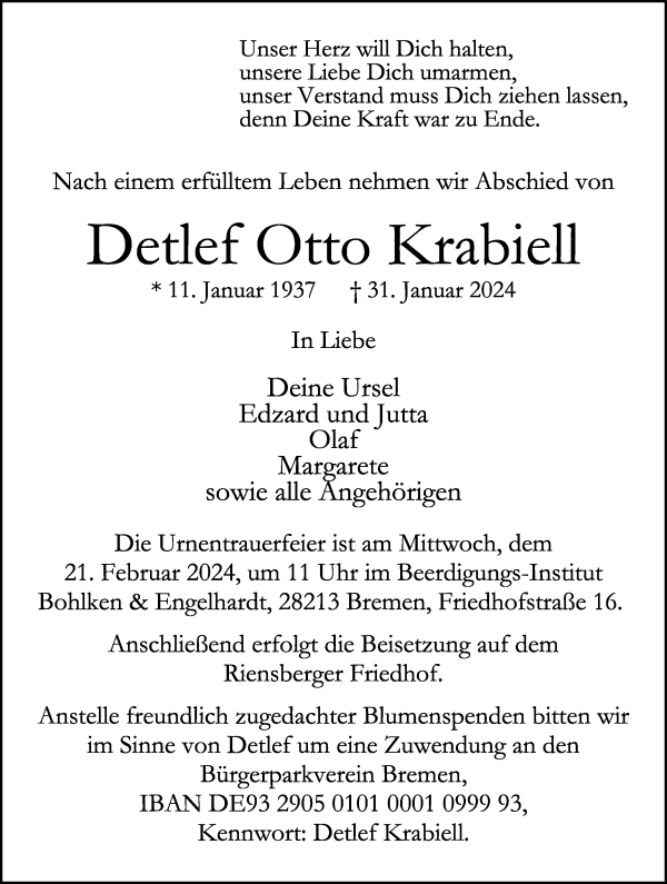Traueranzeige von Detlef Otto Krabiell von WESER-KURIER