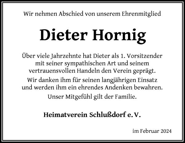 Traueranzeige von Dieter Hornig von Wuemme Zeitung