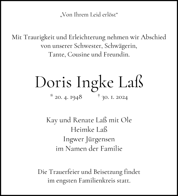 Traueranzeige von Doris Ingke Laß von WESER-KURIER