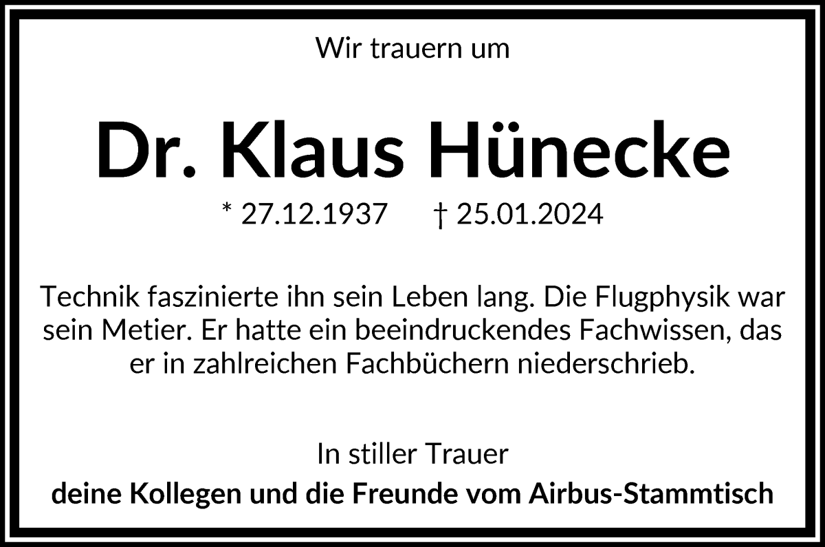 Traueranzeige von Dr. Klaus Hünecke von WESER-KURIER