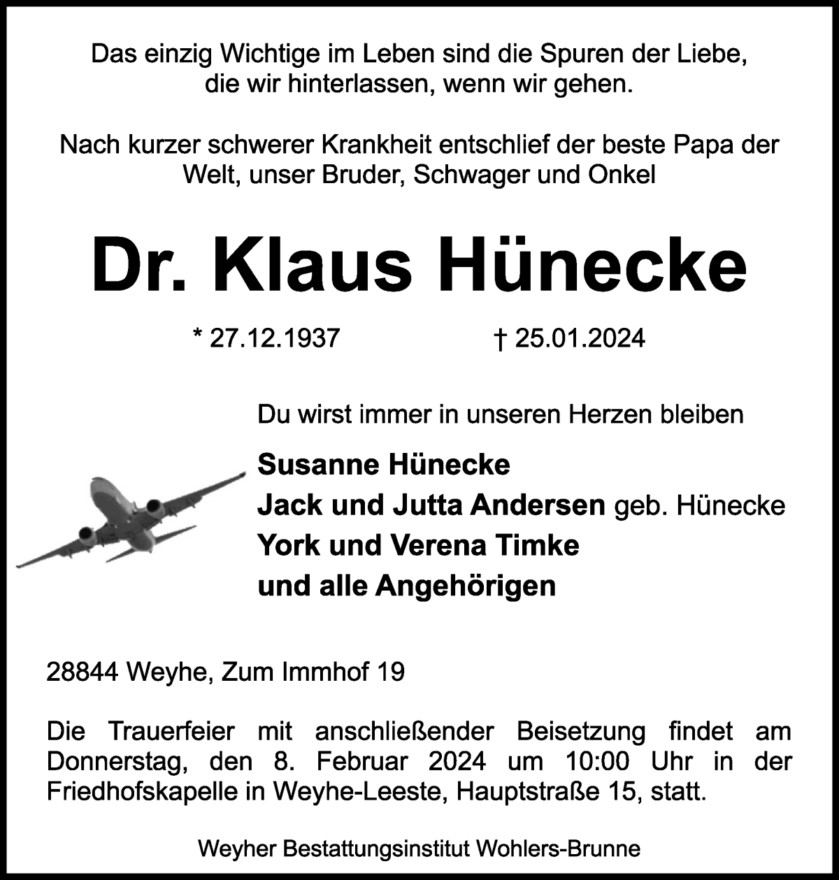 Traueranzeige von Dr. Klaus Hünecke von WESER-KURIER