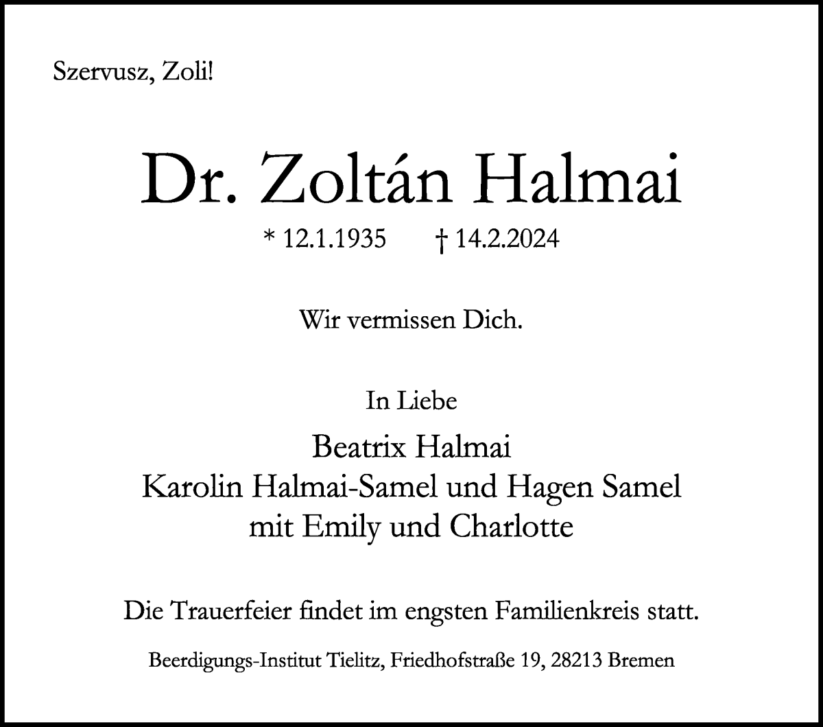 Traueranzeige von Dr. Zoltán Halmai von WESER-KURIER