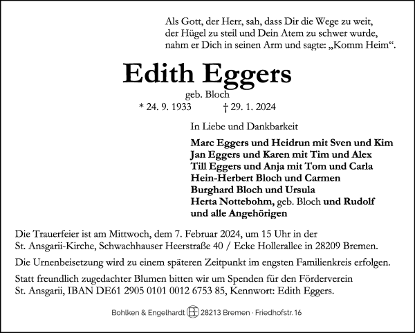 Traueranzeige von Edith Eggers von WESER-KURIER