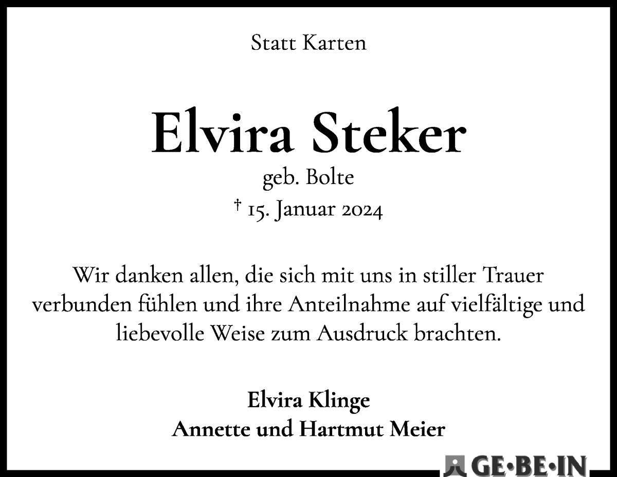 Traueranzeige von Elvira Steker von WESER-KURIER