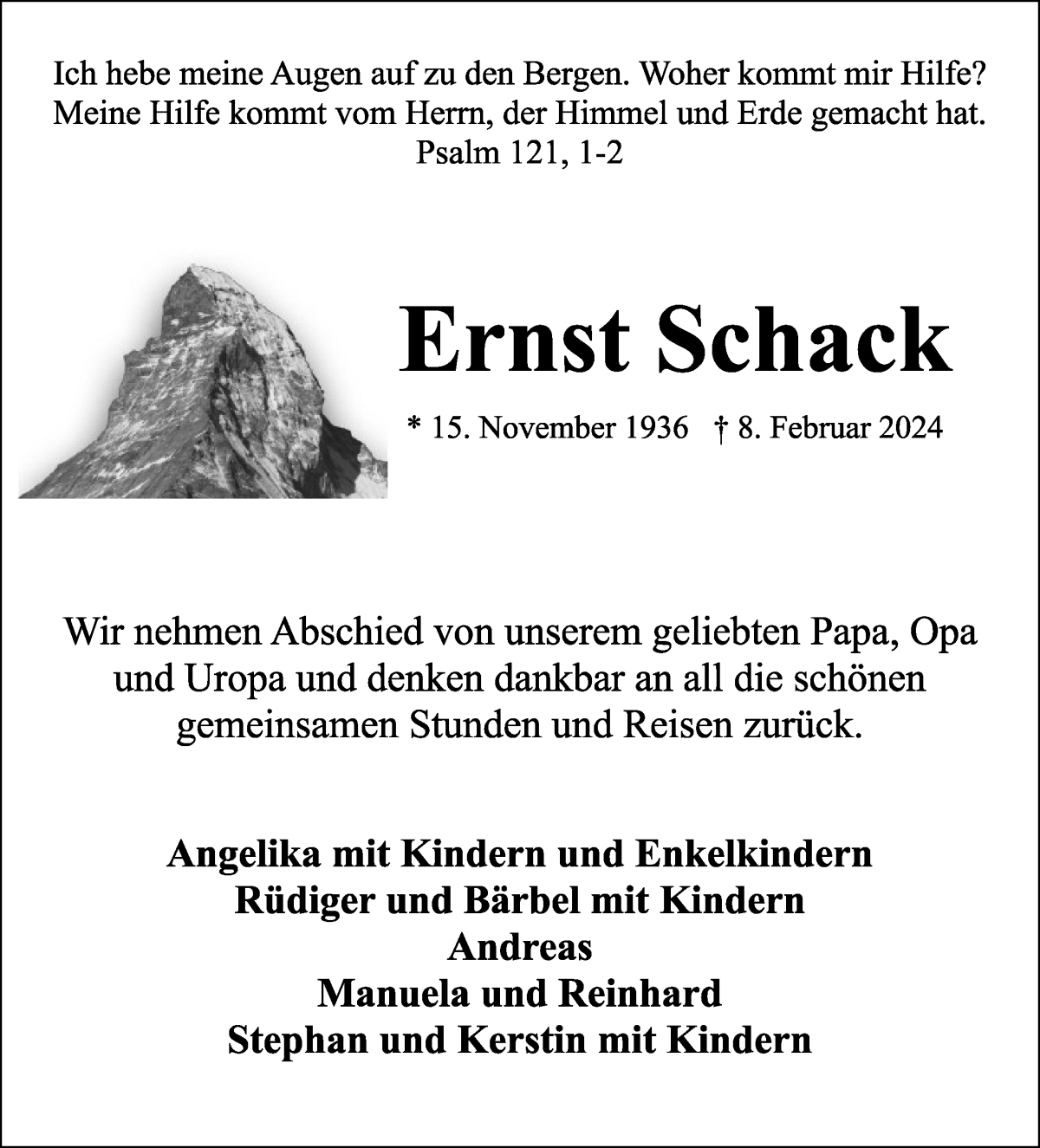 Traueranzeige von Ernst Schack von WESER-KURIER