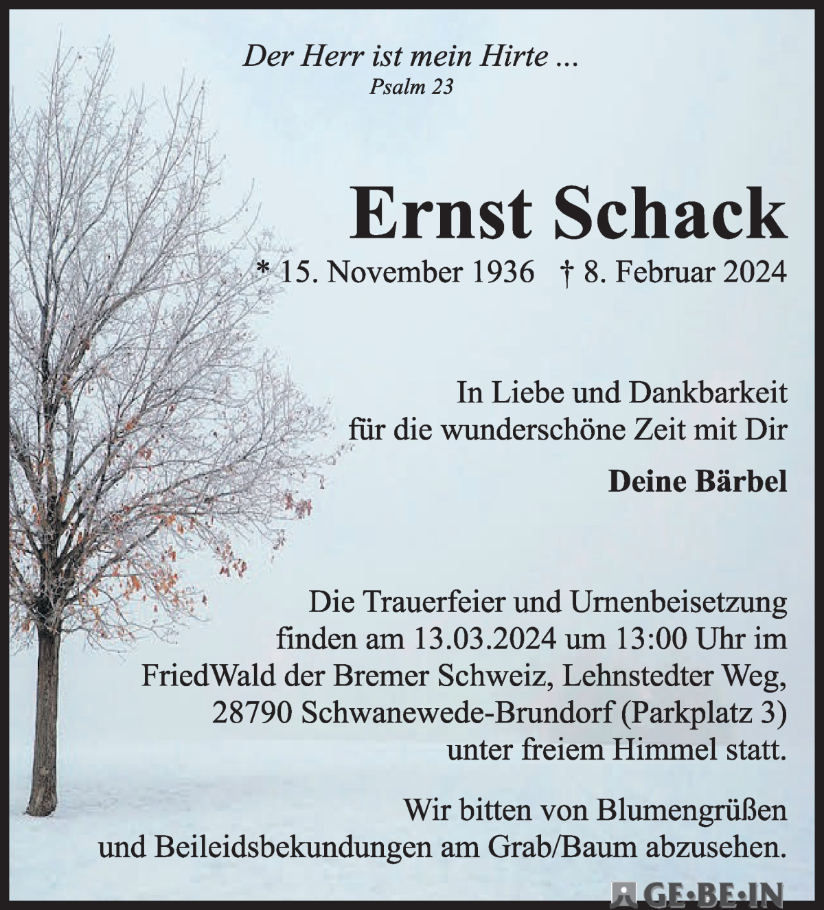 Traueranzeige von Ernst Schack von WESER-KURIER