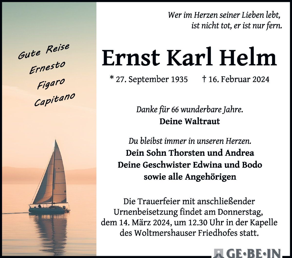  Traueranzeige für Ernst Karl Helm vom 24.02.2024 aus WESER-KURIER