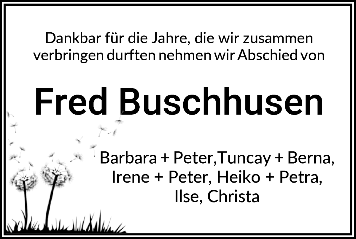 Traueranzeige von Fred Buschhusen von WESER-KURIER