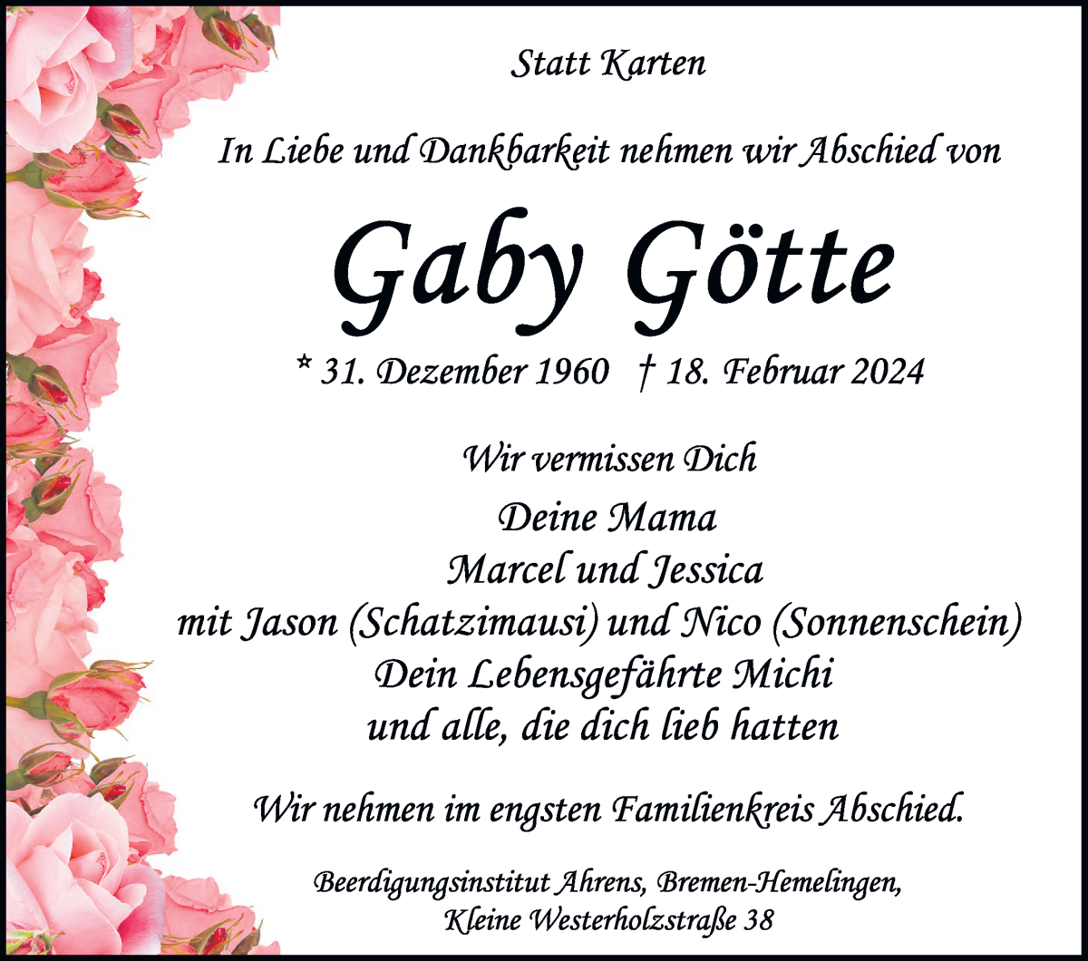  Traueranzeige für Gaby Götte vom 24.02.2024 aus WESER-KURIER