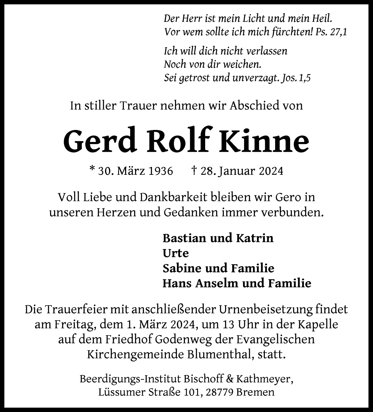 Traueranzeige von Gerd Rolf Kinne von Die Norddeutsche