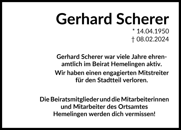 Traueranzeige von Gerhard Scherer