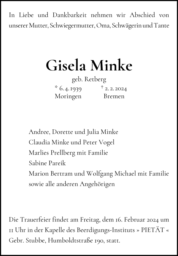 Traueranzeige von Gisela Minke von WESER-KURIER