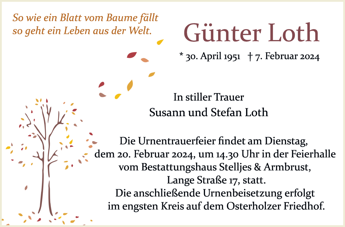  Traueranzeige für Günter Loth vom 10.02.2024 aus Osterholzer Kreisblatt