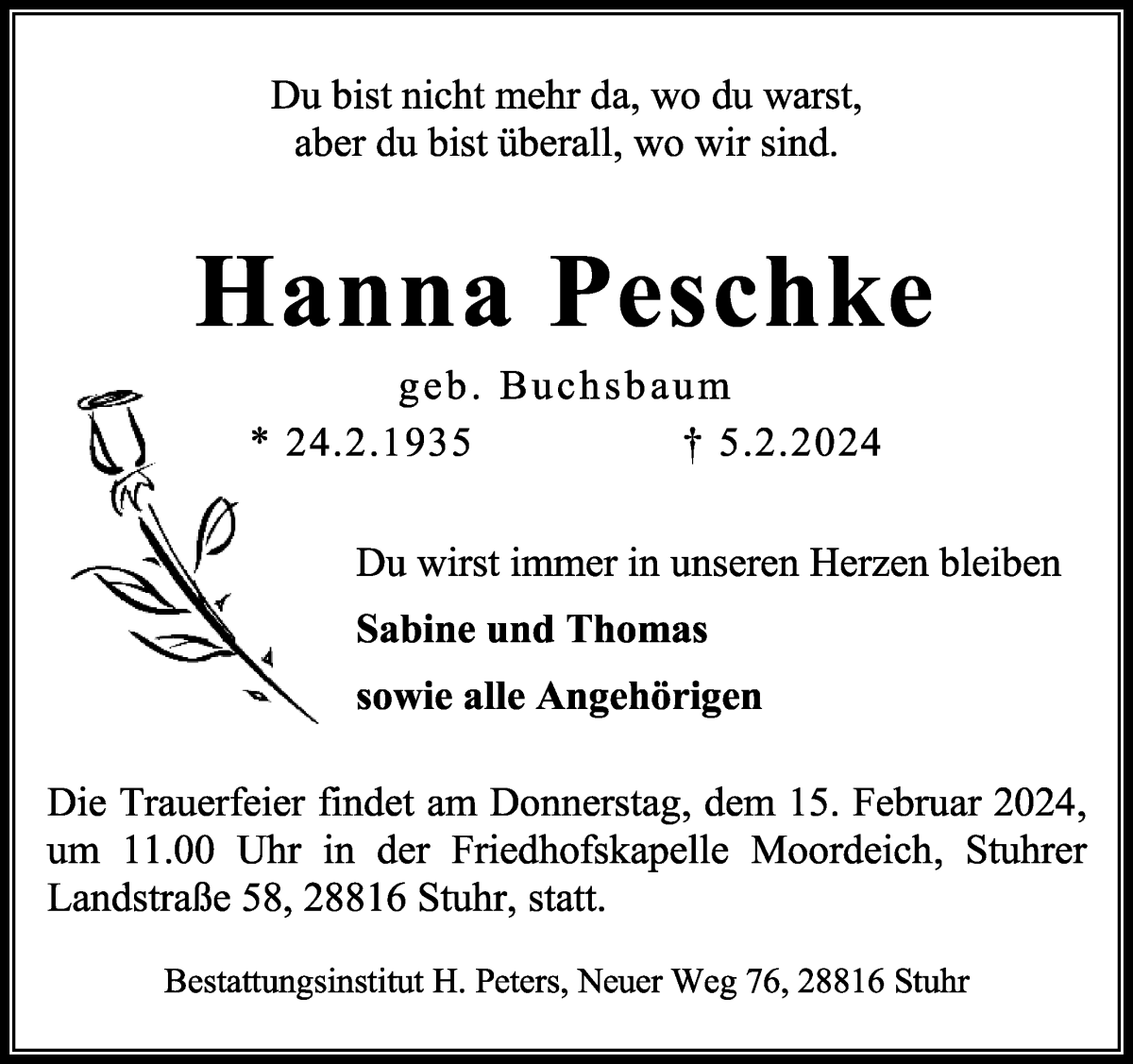  Traueranzeige für Hanna Peschke vom 10.02.2024 aus Regionale Rundschau/Syker Kurier