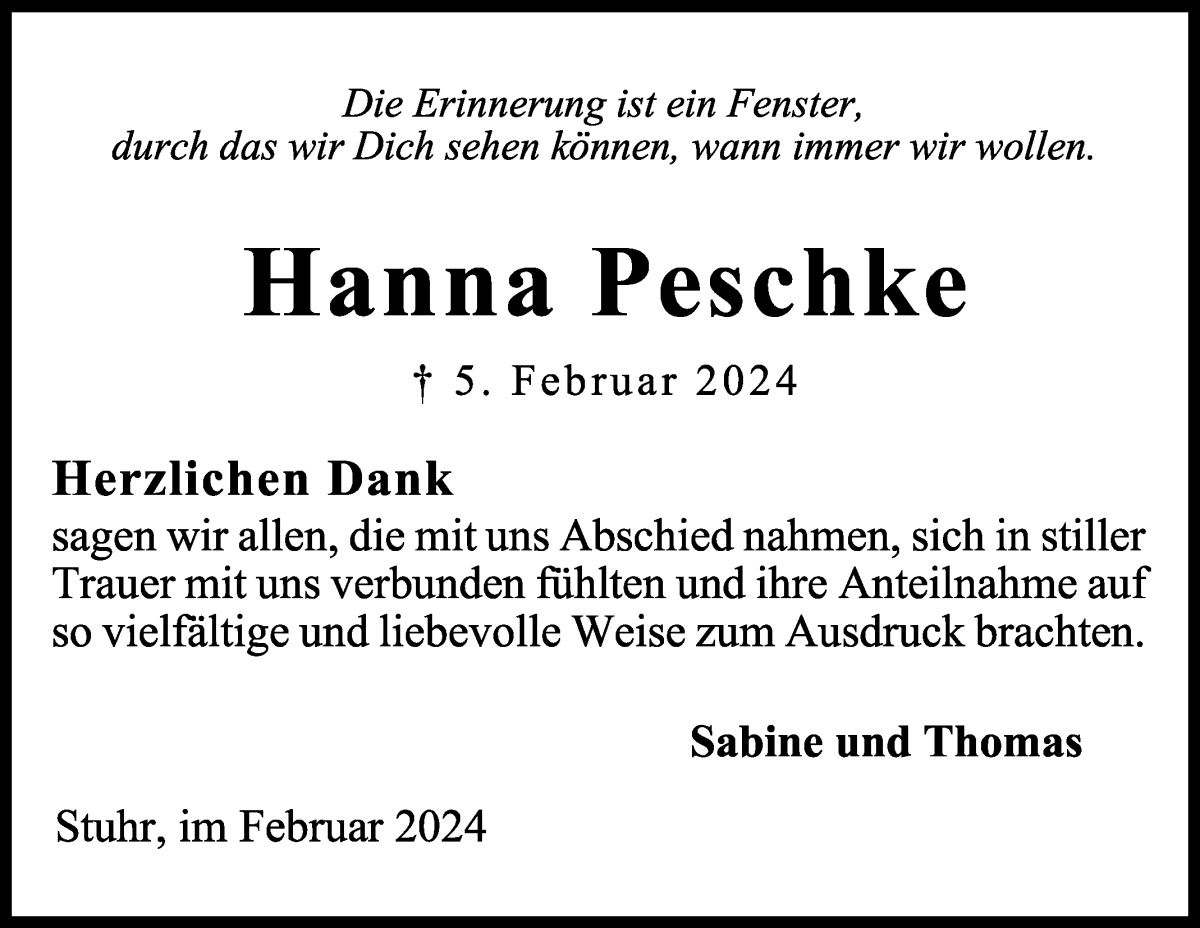  Traueranzeige für Hanna Peschke vom 24.02.2024 aus Regionale Rundschau/Syker Kurier
