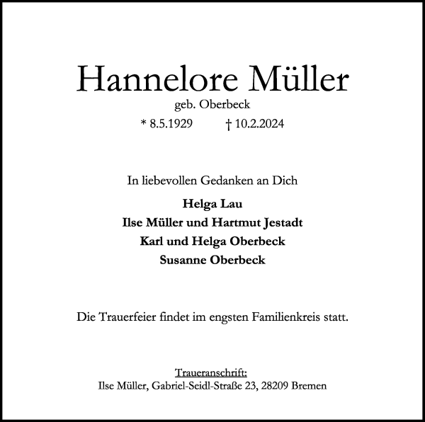 Traueranzeige von Hannelore Müller von WESER-KURIER