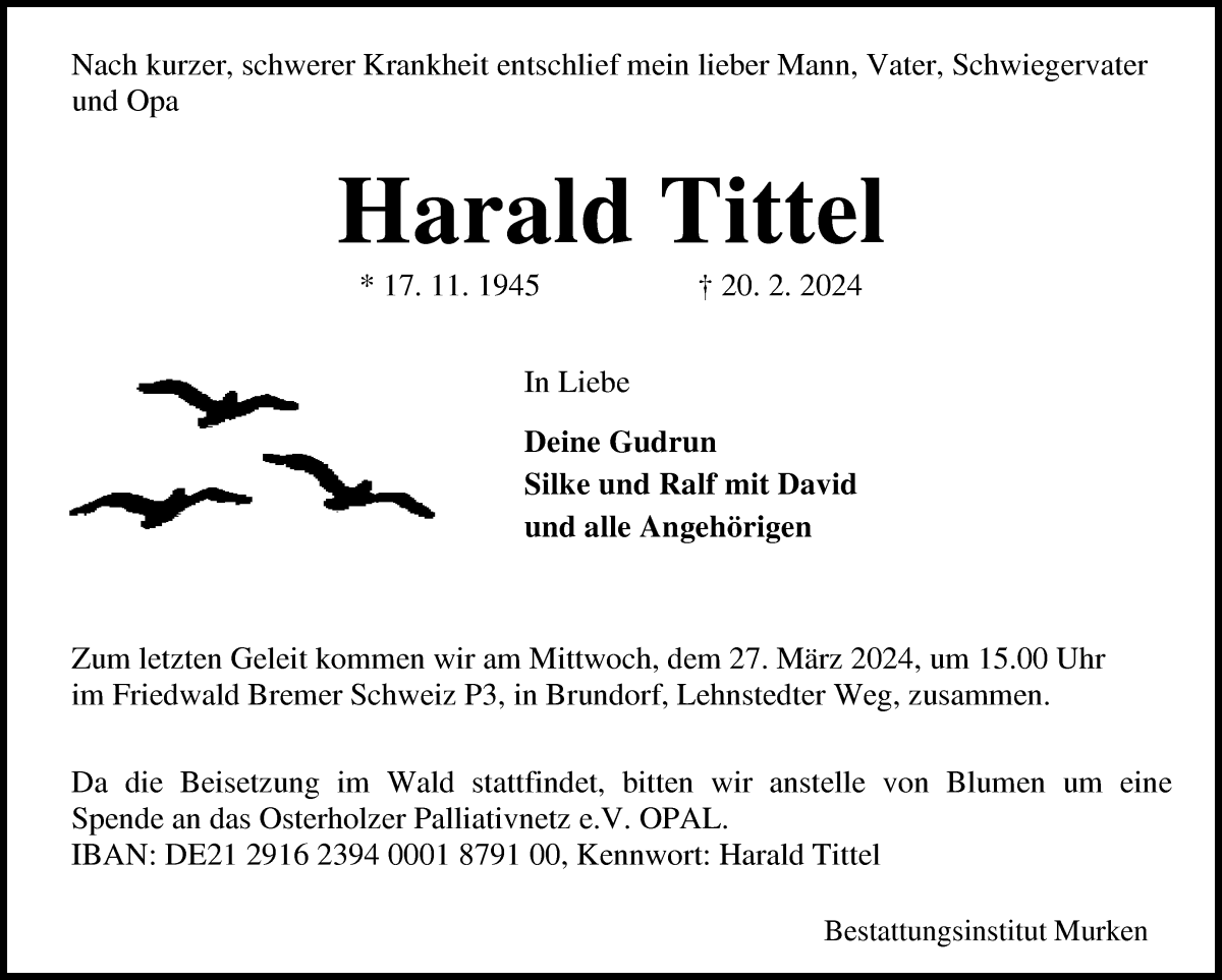 Traueranzeige von Harald Tittel von Osterholzer Kreisblatt