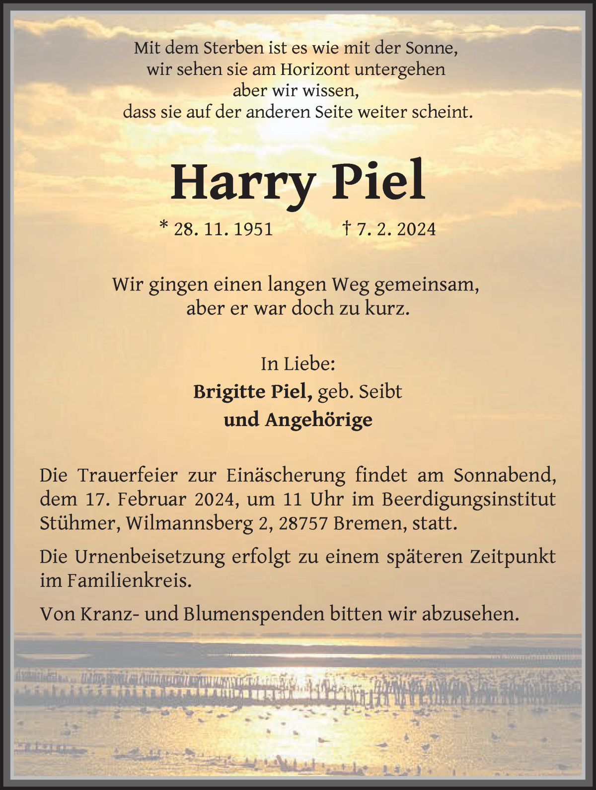  Traueranzeige für Harry Piel vom 10.02.2024 aus WESER-KURIER