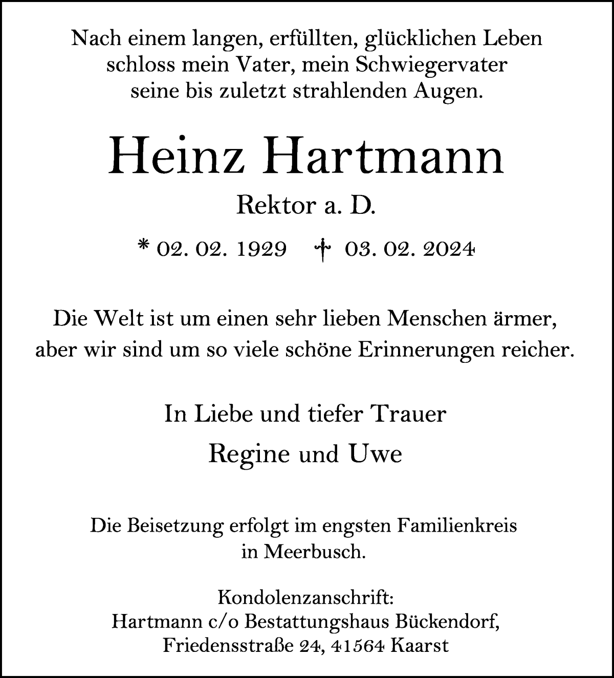 Traueranzeige von Heinz Hartmann von WESER-KURIER