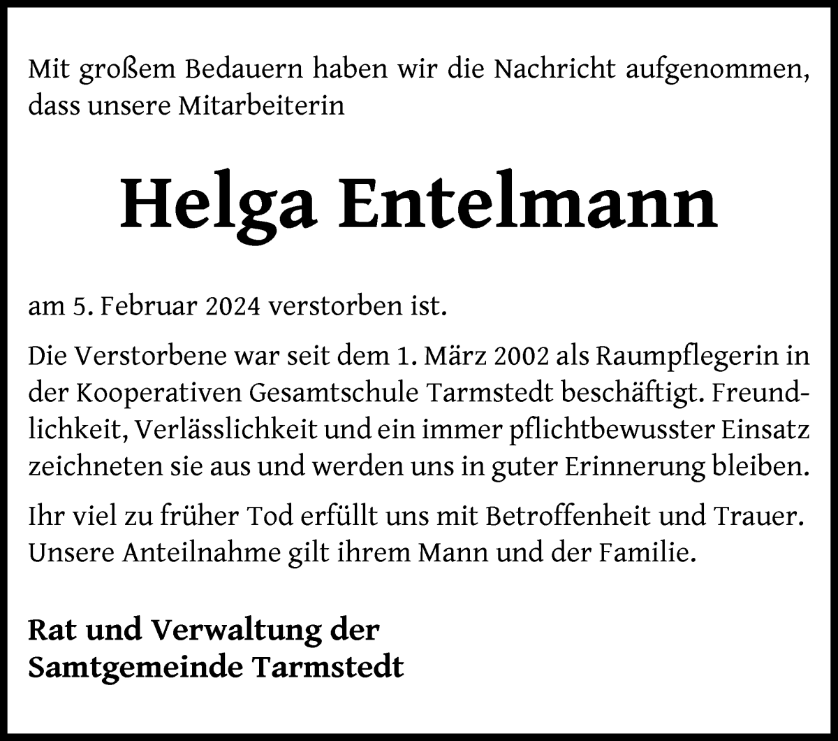  Traueranzeige für Helga Entelmann vom 15.02.2024 aus Wuemme Zeitung