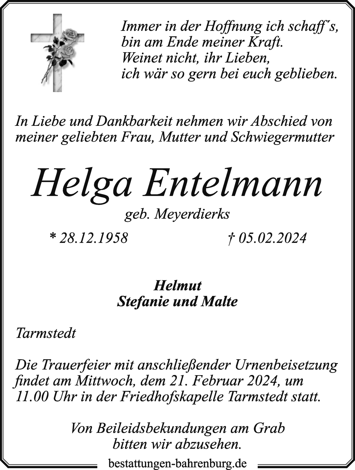  Traueranzeige für Helga Entelmann vom 10.02.2024 aus Wuemme Zeitung