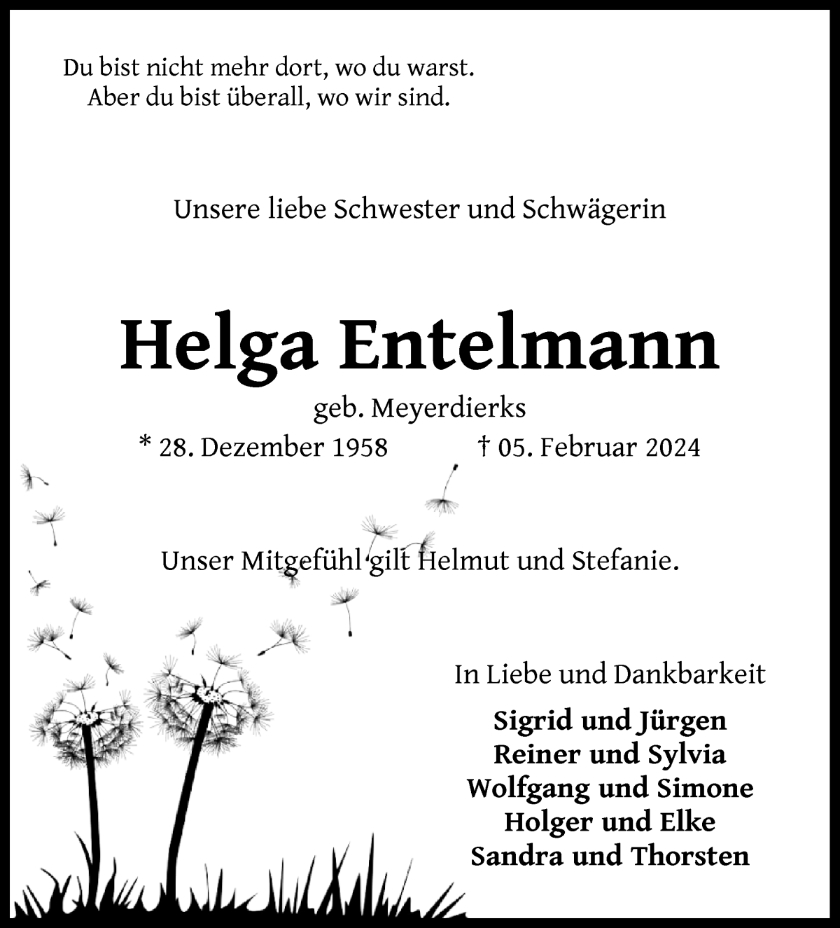  Traueranzeige für Helga Entelmann vom 10.02.2024 aus Wuemme Zeitung