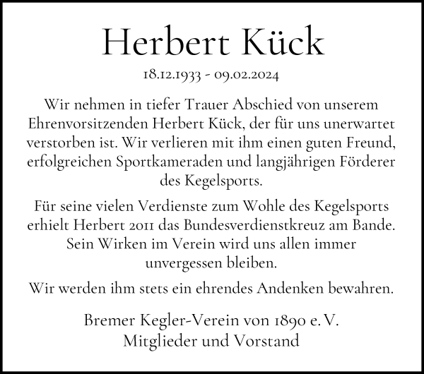 Traueranzeige von Herbert Kück