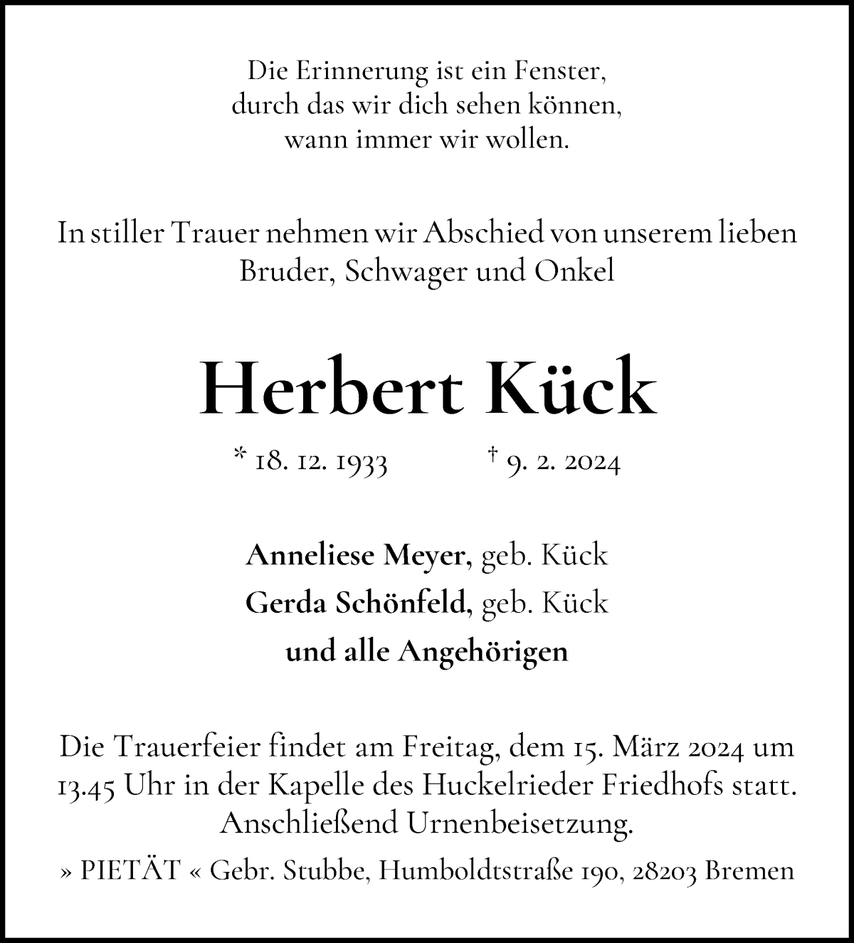 Traueranzeige von Herbert Kück von WESER-KURIER