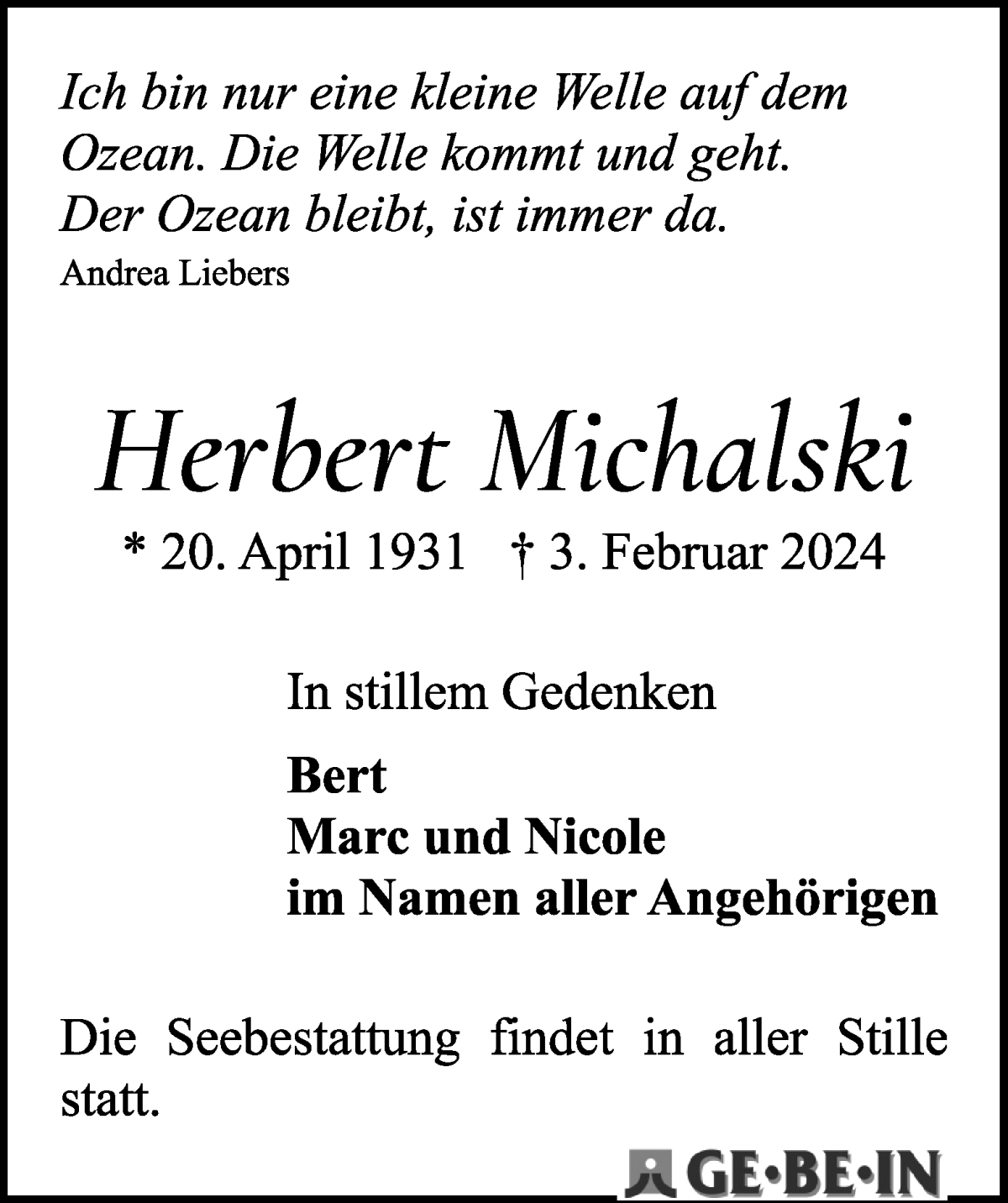 Traueranzeigen Von Herbert Michalski Trauer And Gedenken