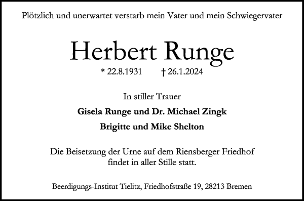 Traueranzeige von Herbert Runge von WESER-KURIER