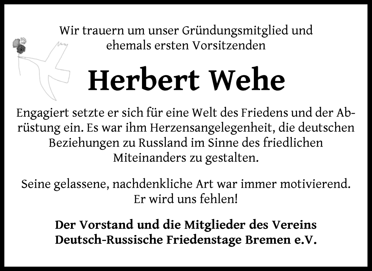  Traueranzeige für Herbert Wehe vom 03.02.2024 aus WESER-KURIER