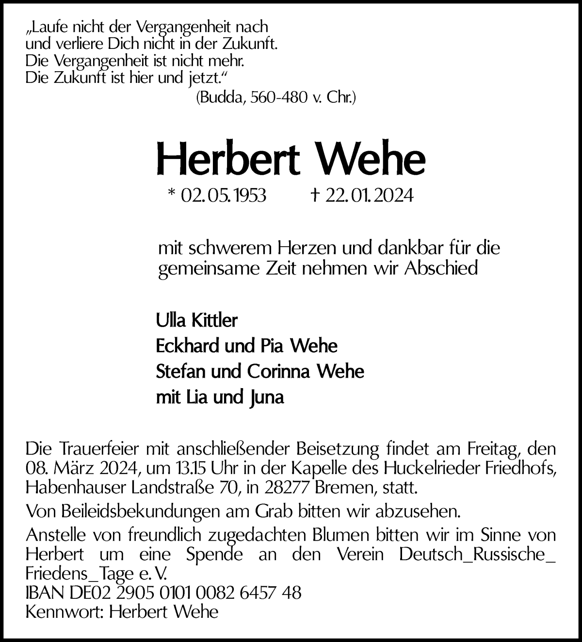 Traueranzeige für Herbert Wehe vom 03.02.2024 aus WESER-KURIER