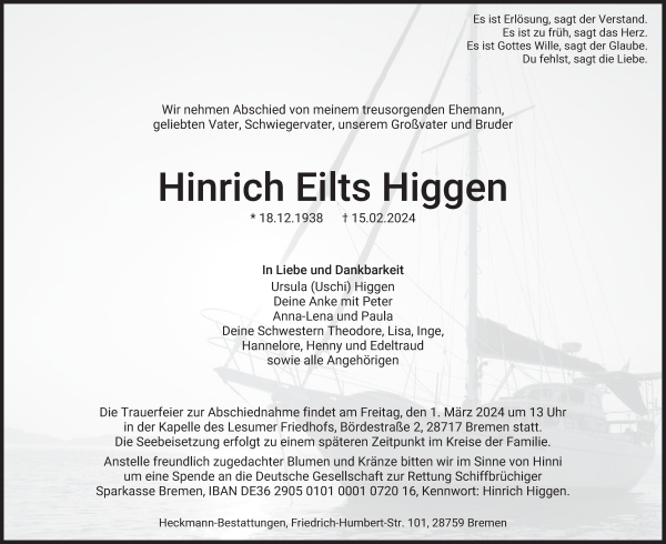 Traueranzeige von Hinrich Higgen von Die Norddeutsche