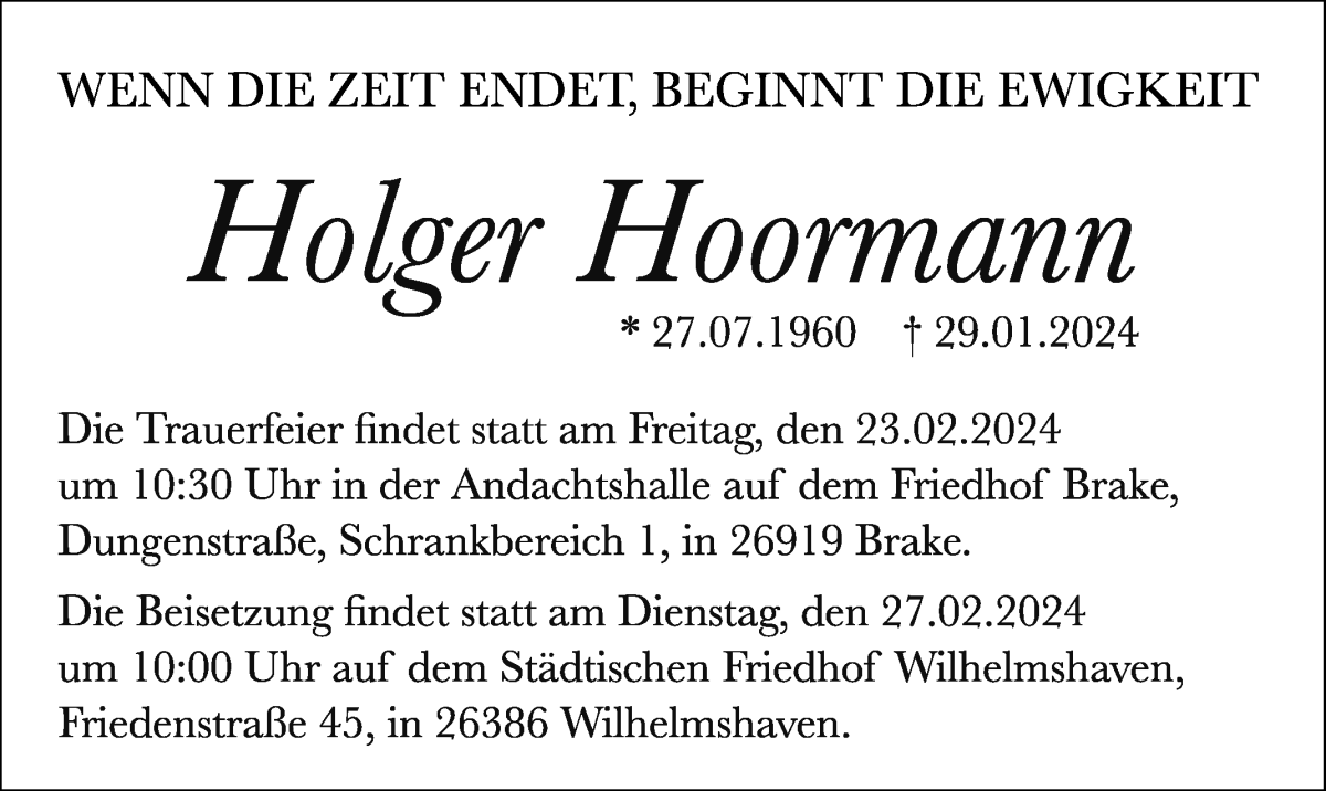 Traueranzeige von Holger Hoormann von WESER-KURIER