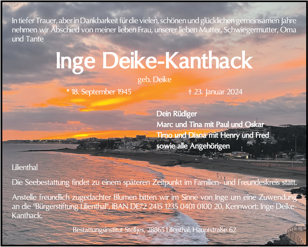  Traueranzeige für Inge Deike-Kanthack vom 03.02.2024 aus WESER-KURIER
