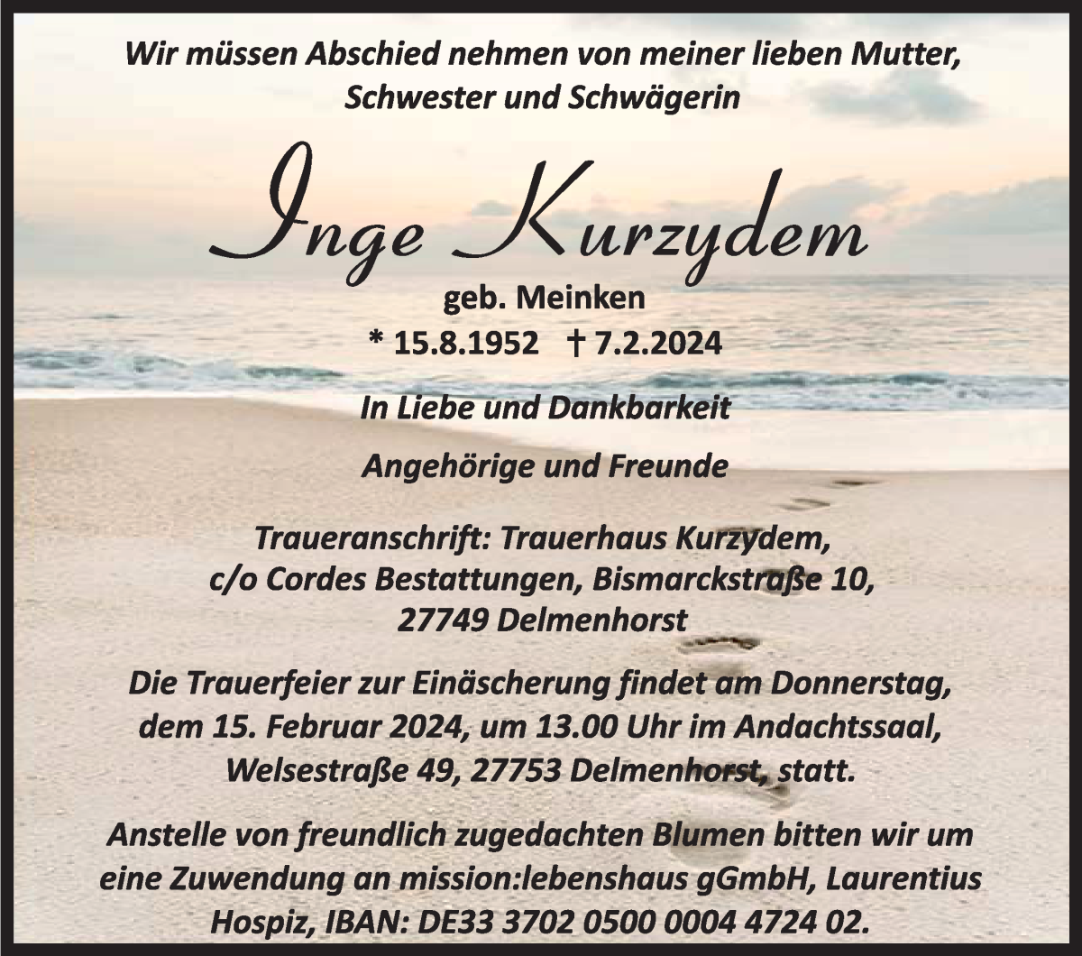  Traueranzeige für Inge Kurzydem vom 10.02.2024 aus WESER-KURIER