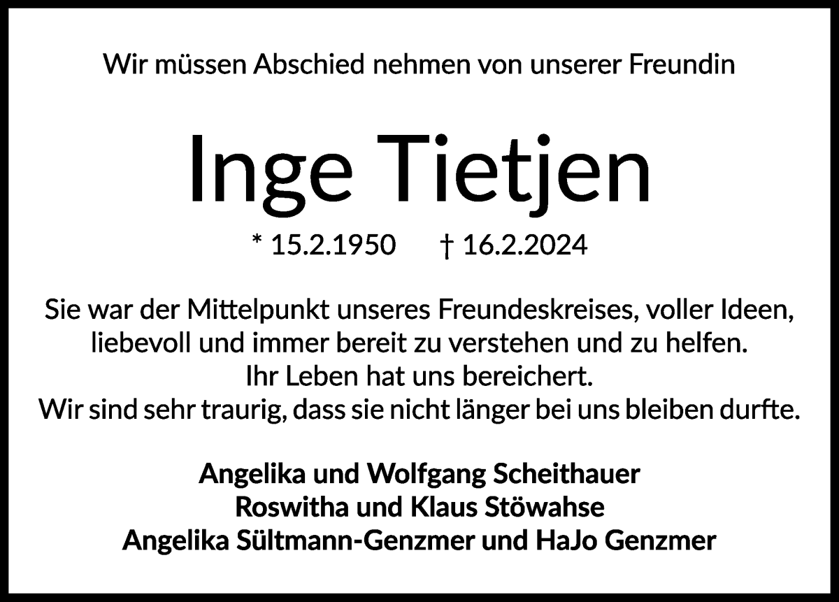  Traueranzeige für Inge Tietjen vom 28.02.2024 aus WESER-KURIER